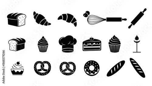 Silhouette of baker’s tools and baked goods including bread croissants cupcakes and pretzels in