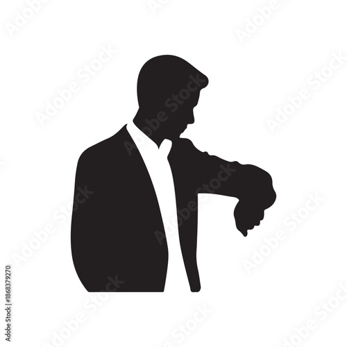 Silhouette of a Punctual Businessman Checking the Time on His Wristwatch for a Deadline.