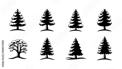 Collection of Various Tree Silhouettes with Different Shapes and Sizes for Creative Design Projects