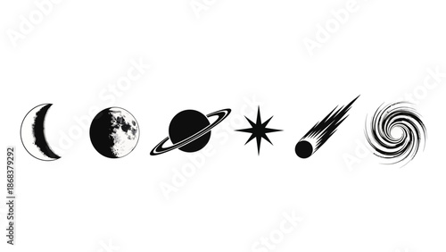 Series of Artistic Solar System and Celestial Body Icons in Black Silhouette Style