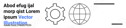 Gear and globe icons with text, symbolizing innovation, global reach, teamwork, industry, research, creativity, and problem-solving. Ideal for business analytics or a simple landing page