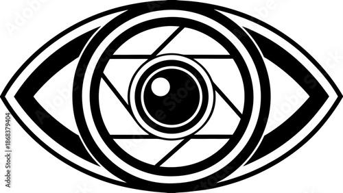 Very beautiful black camera lens eye logo design, combining photography symbolism with abstract vision concept, ideal for creative branding, modern logos, and visual identity for photo-related project