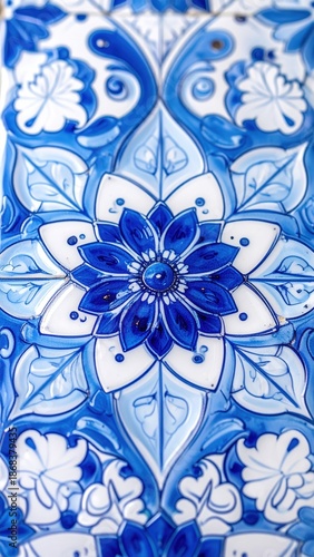 Intricate Blue and White Ceramic Tile With Floral Patterns And Swirls Indoors