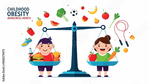 Childhood Obesity Awareness Month Healthy Versus Unhealthy Lifestyle Comparison.