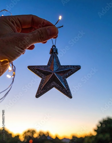 Hand Holding A Glittering Silver Star Christmas Ornament Against A Deep Blue Twilight Sky With Orange Sunset Horizon And Twinkling Fairy Lights