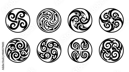 Set of eight intricate black and white tribal swirl patterns in circular designs suitable for