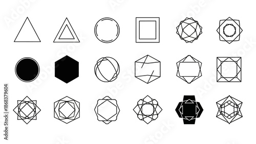 Abstract geometric shapes collection with triangles circles and complex polygons for design projects