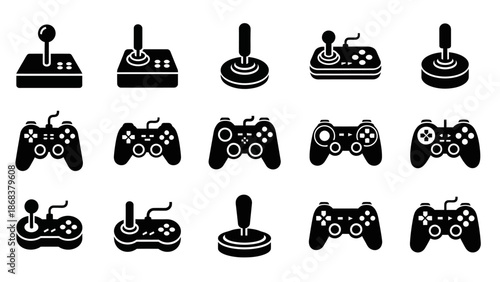 Collection of classic and modern game controllers and joysticks in silhouette style
