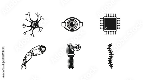 Collection of Black and White Technology and Biological Icons Featuring Neural, Microchip, and