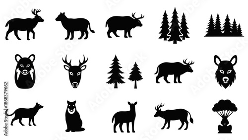 Silhouette Collection of Forest Animals and Trees in Black Minimalist Design