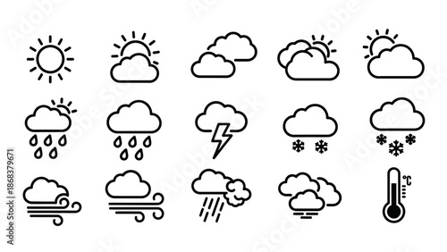 Comprehensive weather icons illustrating various conditions from sunny to snowy and rainy to windy