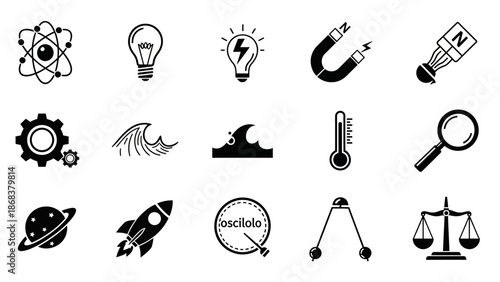 Collection of Scientific and Engineering Icons Representing Physics and Technology Concepts