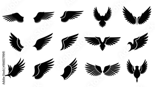 Collection of diverse black wing silhouette illustrations displaying various shapes and styles for