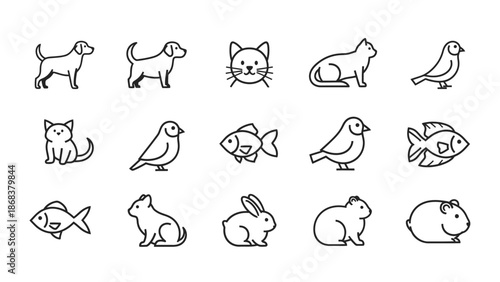 Collection of Simple Line Art Animal and Pet Icons for Design and Illustration Projects