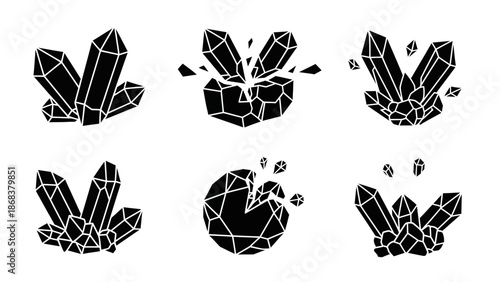 abstract black and white geometric crystal formations in various fractured shapes and arrangements