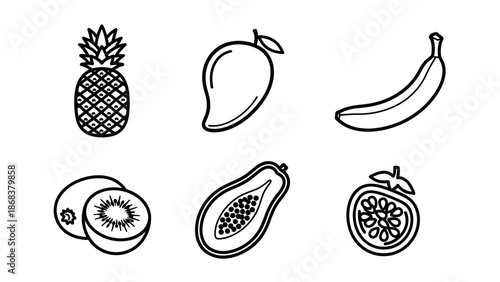 Collection of Hand-Drawn Fruit Icons Including Pineapple Mango Banana and Passion Fruit