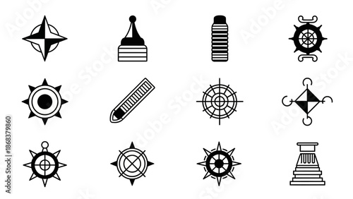 Set of black and white nautical compass symbols and navigational icons for maritime design