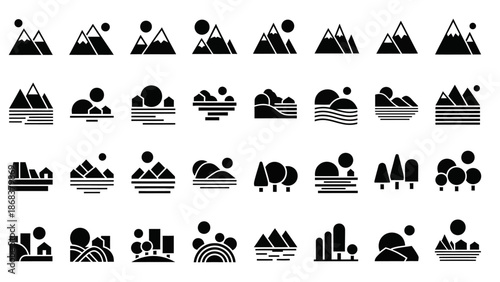Set of black and white graphic icons representing mountain landscapes lakes and recreational