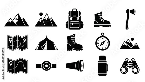 Outdoor Adventure and Travel Equipment Icons Set for Hiking Camping and Mountain Exploration