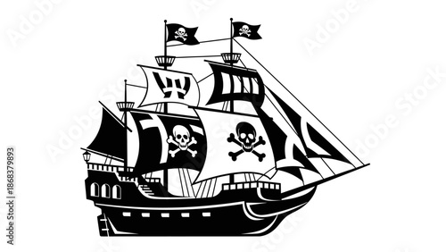 Illustration of a classic pirate ship with skull and crossbones flags and jolly roger symbols