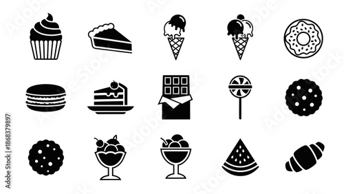 Set of black and white icons representing various desserts and sweet treats arranged in three rows