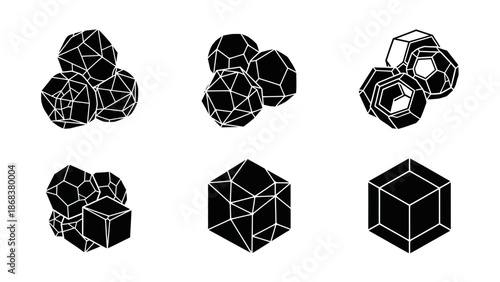 abstract geometric shapes composed of interconnected polyhedrons and cubes in black and white for