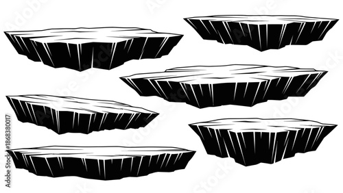 Set of six black and white abstract floating platforms with sharp edges and varying angles for