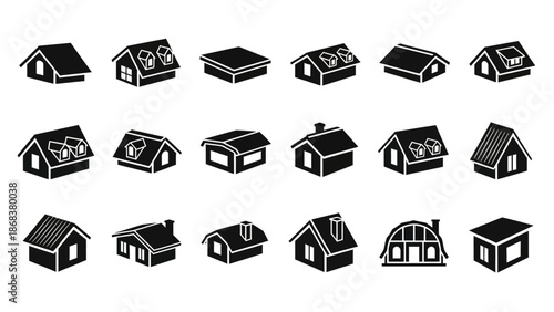 Set of black and white house icons representing various architectural styles and types