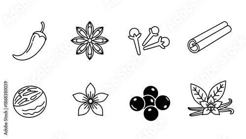 Minimalist Black and White Line Drawing of Various Spices and Fruits for Culinary Design