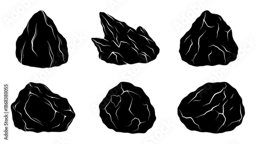Collection of six black rocks with white veins illustrating various mineral textures and formations