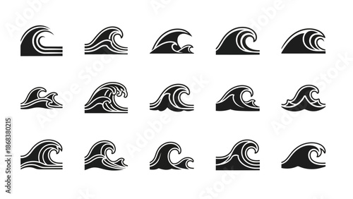 Collection of stylized wave icons illustrating different ocean and sea wave shapes with a