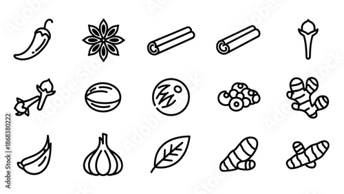 Collection of spice and herb icons including chili pepper garlic cinnamon and more for culinary