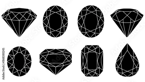 Illustration of Various Geometric Gem Cut Shapes in Black and White Line Art Style
