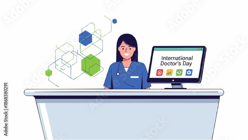 Doctor at desk with computer celebrating International Doctors Day.