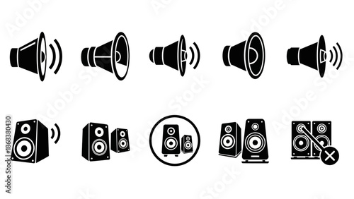 Silhouette of various speakers and sound system icons in black and white for audio technology and