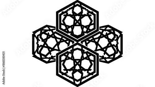 Intricate Black Islamic Geometric Pattern Featuring Interwoven Star and Hexagon Shapes Suitable