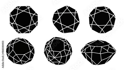 Set of six geometric black and white abstract shapes resembling gems or crystals with diverse