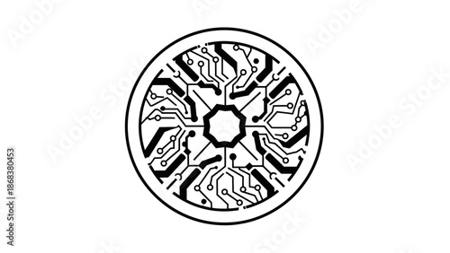 Futuristic digital coin illustration with circuit board design in black and white minimalistic style