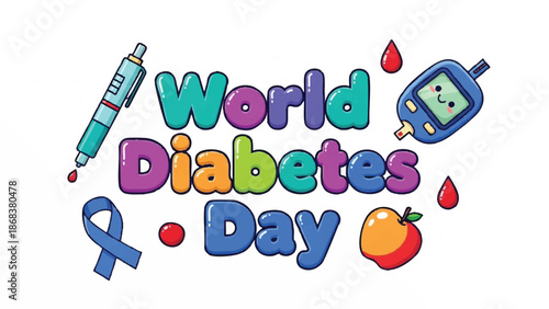 World Diabetes Day colorful illustration with medical symbols.