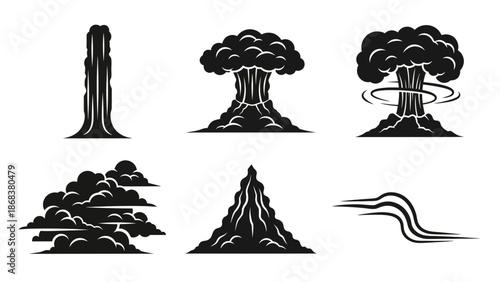 Set of six black and white silhouette illustrations depicting various explosive and natural