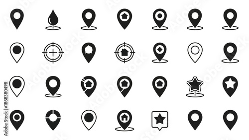 Collection of diverse black and white location and navigation icons for digital design