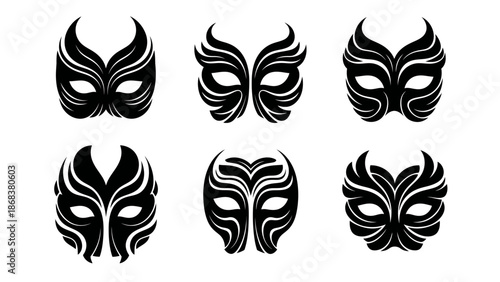 Collection of six intricate black tribal mask designs with bold flowing lines and detailed