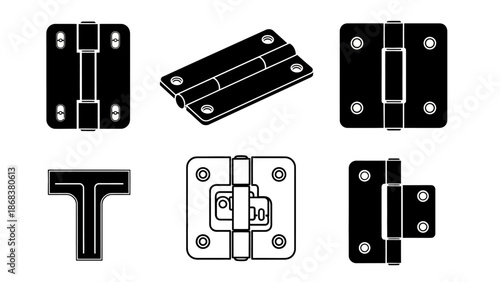 Collection of Various Types of Door and Window Hinges in Black and White Illustrations for