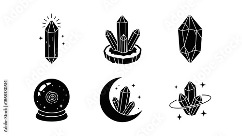 Set of black and white crystal and space themed icons representing mystical and celestial symbols