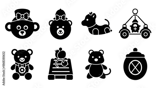 Collection of Cute Animal and Toy Icons in Black Silhouette Style for Children's Designs