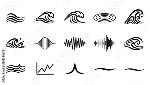 Set of 16 minimal line art wave and sound wave icons for design projects