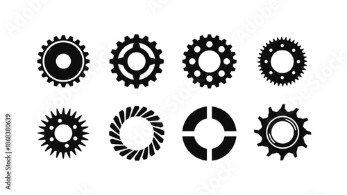Collection of Eight Various Black and White Gear and Cogwheel Icons for Mechanical or Engineering