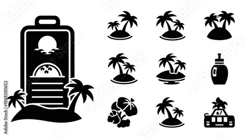 Stylized tropical beach scene with palm trees sunset and vacation symbols in black and white