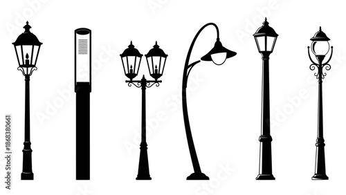 Variety of street lamps including traditional lanterns and modern designs for urban lighting