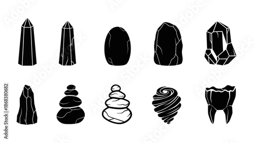 Minimalistic Collection of Various Rock and Stone Stack Silhouettes in Black and White